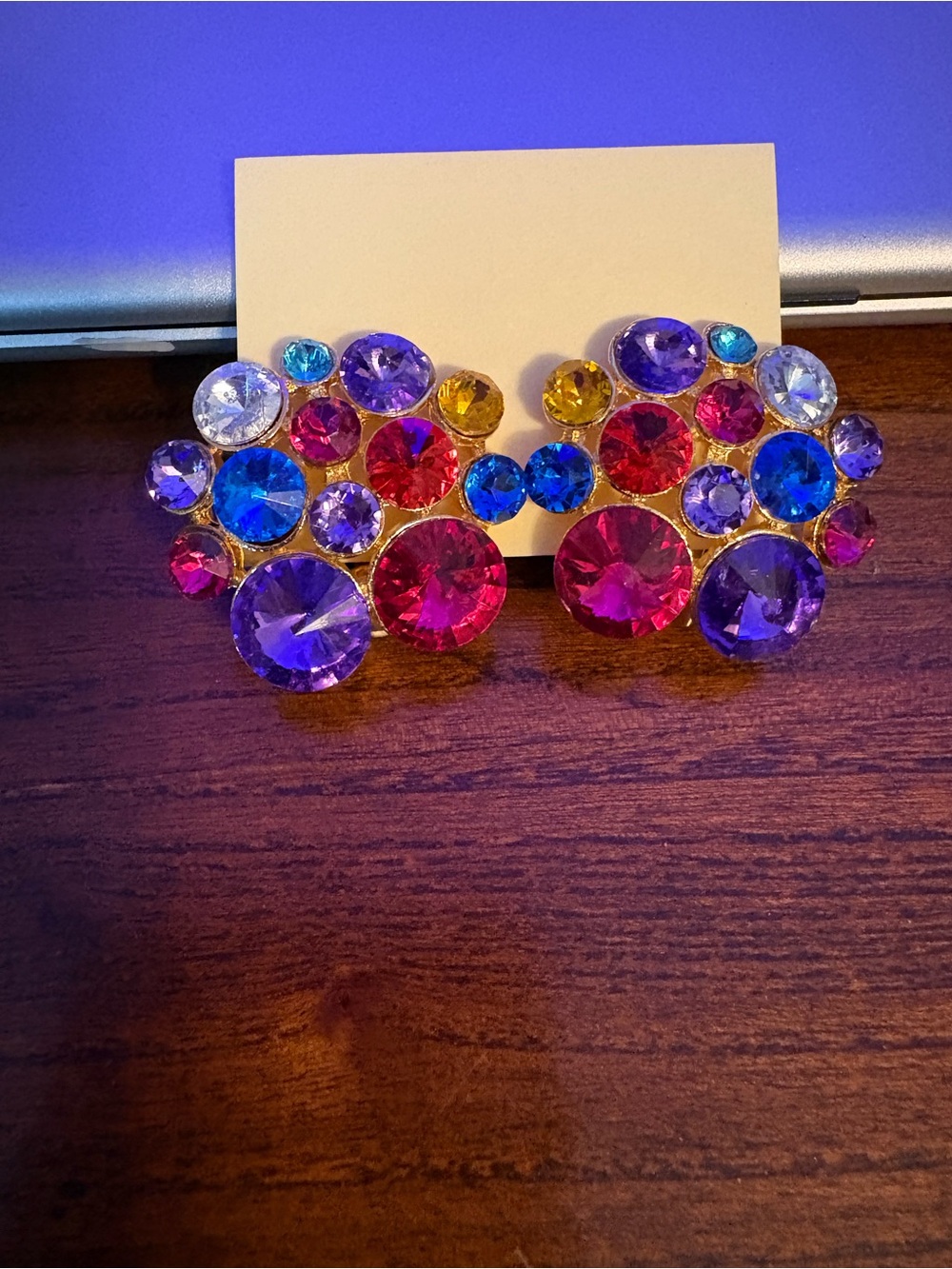 Vintage Multicolor Gem Cluster Earrings - Pink, Purple, Blue, Yellow, Clear